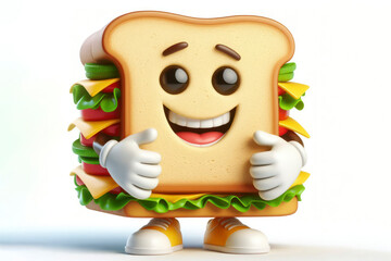 3d sandwich character with a smiling face on a white background. ai generative