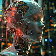 Head of future machine robot. Android futuristic concept. Science, Artificial Intelligence.