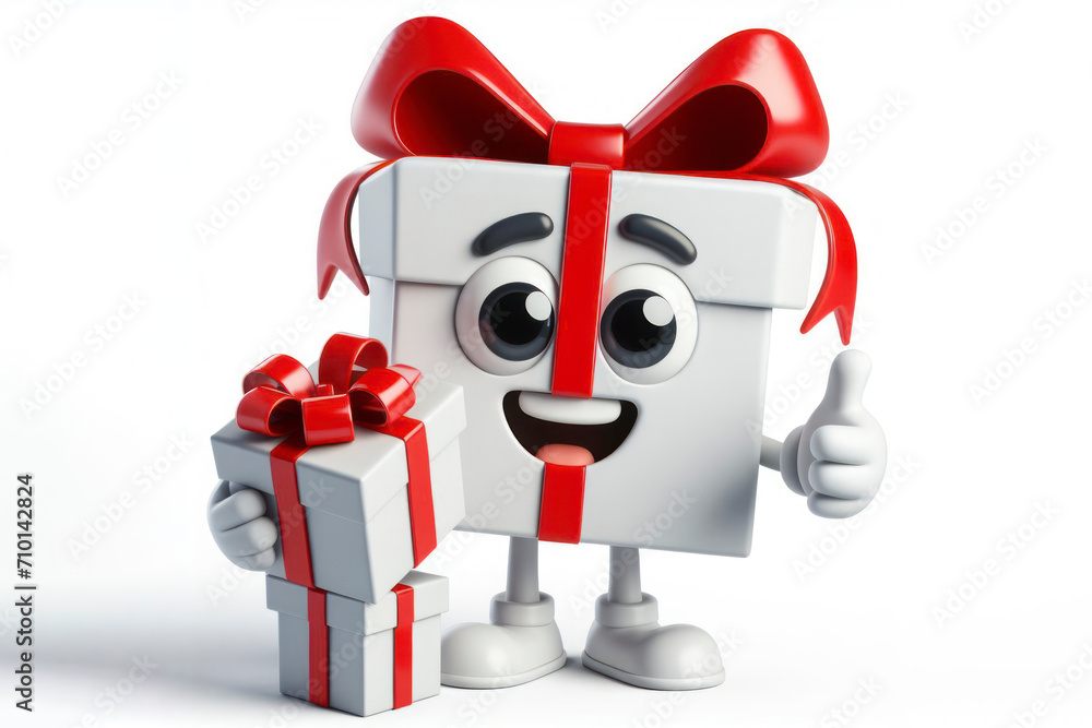 Aufkleber 3d white gift box with red bow character with a smiling face on a white background. ai generative