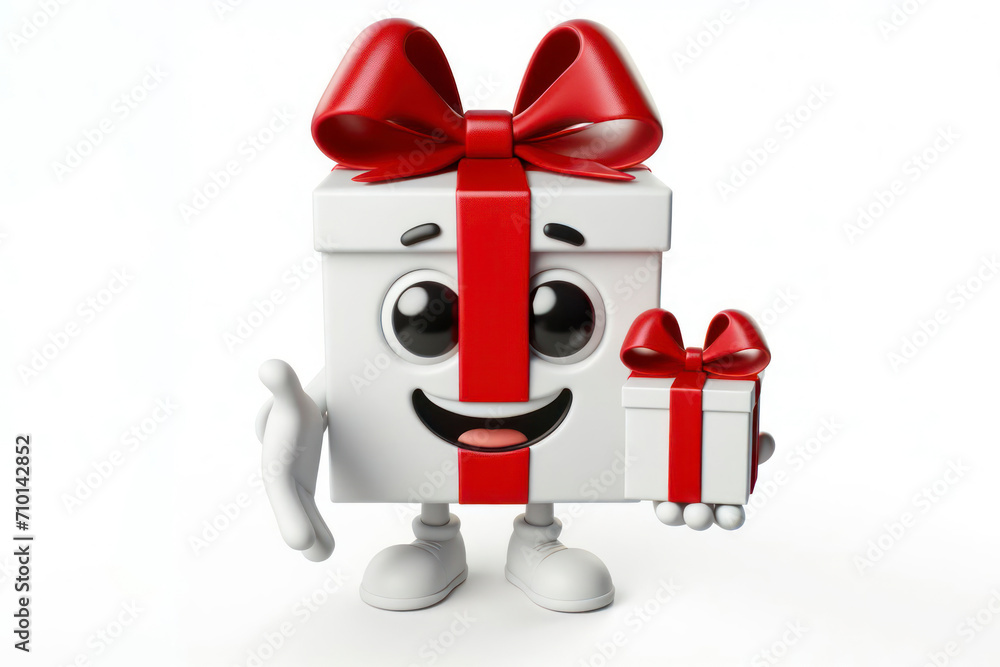 Poster 3d white gift box with red bow character with a smiling face on a white background. ai generative