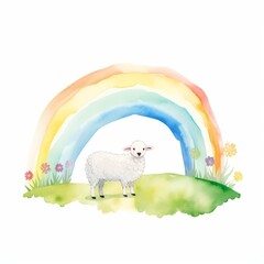 Obraz na płótnie Canvas Aquarell eines Regenbogens über grünem Hügel mit Schaf Illustration