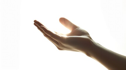Close-up of a hand reaching out, fingers extended, with a gleaming shine, isolated white background generative ai