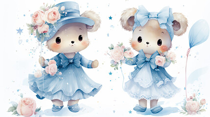 two teddy bears in blue dresses