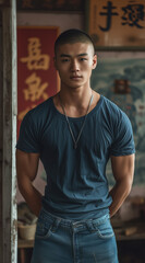 Naklejka na ściany i meble youth energy, jeans pants, super strong muscles, a Chinese teenage muscle man, super strong, buzz haircut, normal T-shirt, long straight blue jeans pants