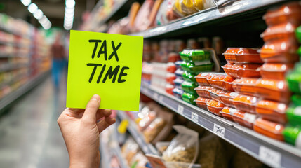 Closeup of a person holding a "TAX TIME" sticky note in a supermarket generative ai