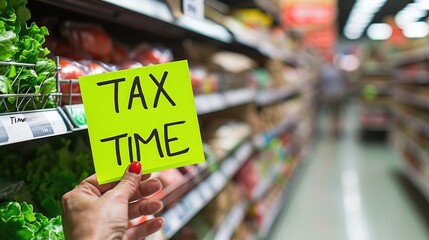 Closeup of a person holding a "TAX TIME" sticky note in a supermarket generative ai