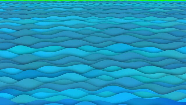 Blue waves version 2 cartoon background animation perspective. Many shades of blue color. Good for intro, titles, opener, presentation, etc... Seamless loop, alpha channel and green screen.
