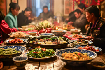 Chinese family enjoying New Year's Eve dinner together - obrazy, fototapety, plakaty