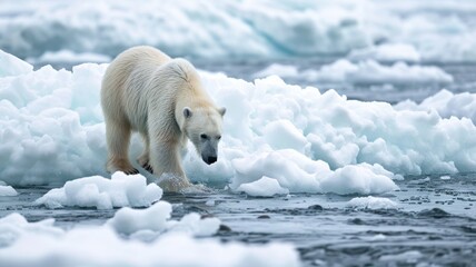  isolated Arctic white bears fleeing during melting glaciers. Global warming leads to environmental problem