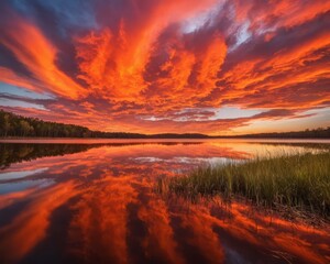 Fototapeta na wymiar Fiery Sunset Reflections on Water