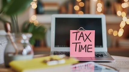 Close-up photo of a "TAX TIME" sticky note on a laptop in a cozy home workspace generative ai
