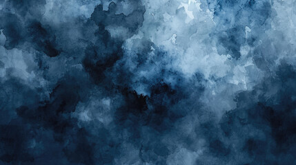 Chaotic brush strokes in black and navy blue create an abstract watercolor background, resembling a dramatic, stormy sky with clouds. - obrazy, fototapety, plakaty