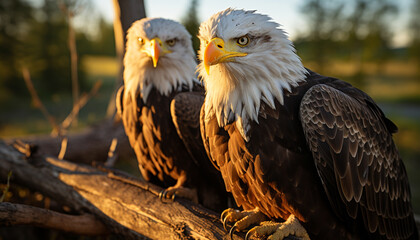 Obraz premium Majestic bird perching on branch, close up view generated by AI