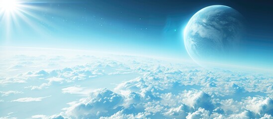 Planet flying in blue sky above clouds illustrated.
