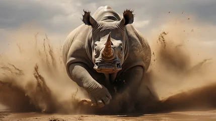 Fotobehang Rhino running with a dynamic pose, Convey the sense of freedom © kitti