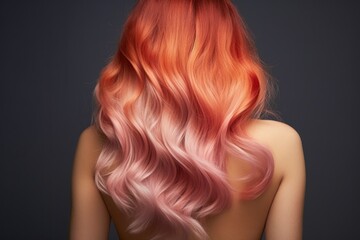 Woman from back with long wavy hair dyed with ombre in orange and pink colors