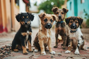 Group of stray homeless dogs on the street with sad look. Rescue and help abandoned animals, pets adoption concept - obrazy, fototapety, plakaty