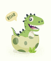 Vector Flat T-Rex Hatched From an Egg. Cartoon Smiling Happy Cute Funny Tyrannosaurus Rex Sitting in Egg. Vector Illustration