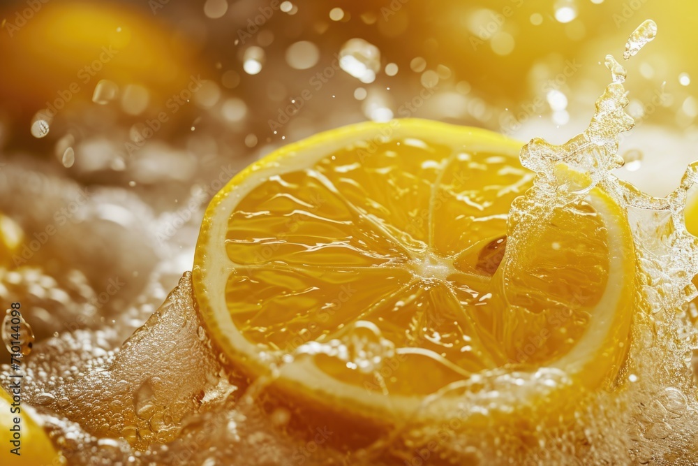 Poster A detailed close-up of a lemon slice with water splashing on it. Perfect for refreshing summer drink concepts or health-related designs