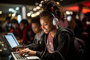A dynamic shot of students engaged in a hackathon for social good, illustrating the tech-savvy and socially conscious mindset of today's youth. - obrazy, fototapety, plakaty