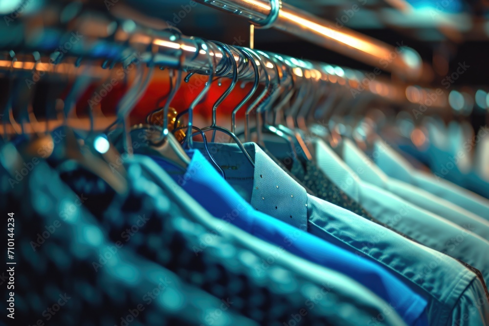 Poster a row of clothes hanging on a rack. suitable for fashion-related designs and concepts