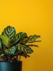 Fototapeta na wymiar Calathea plant in pot. Studio photoshoot on isolated solid color background. Home flower plant profile photography. Ai generated illustration. Botanical app picture