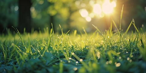 A close-up view of grass with the sun shining in the background. Ideal for nature or environmental themes - obrazy, fototapety, plakaty