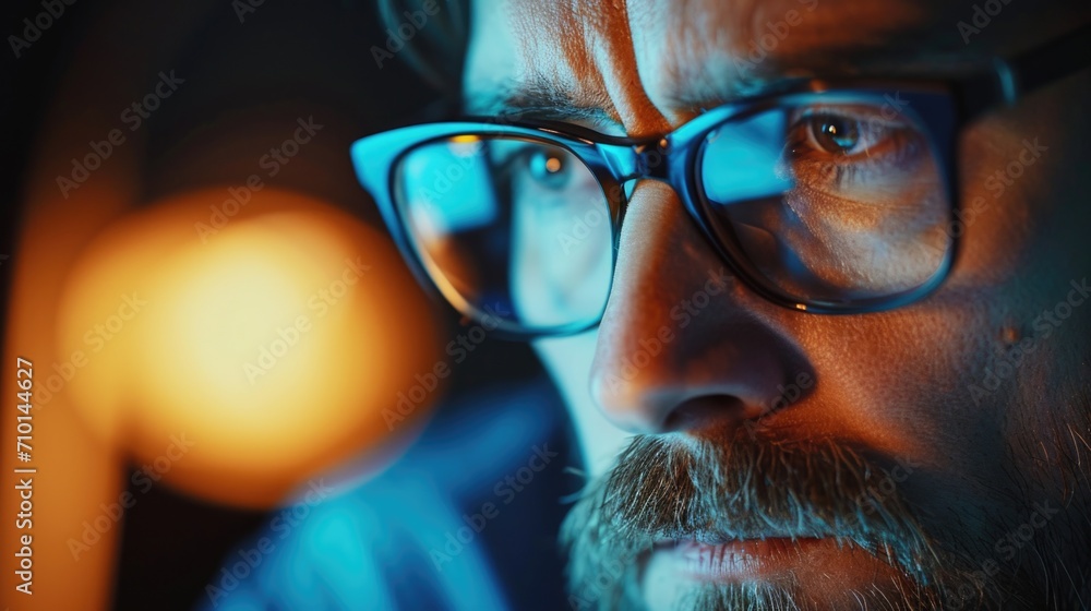 Poster a detailed view of a man wearing glasses and sporting a beard. this image can be used to depict a ma