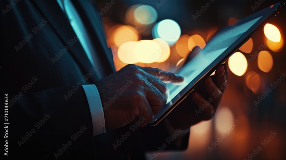 Poster a man in a suit holding a tablet computer. perfect for technology and business-related projects