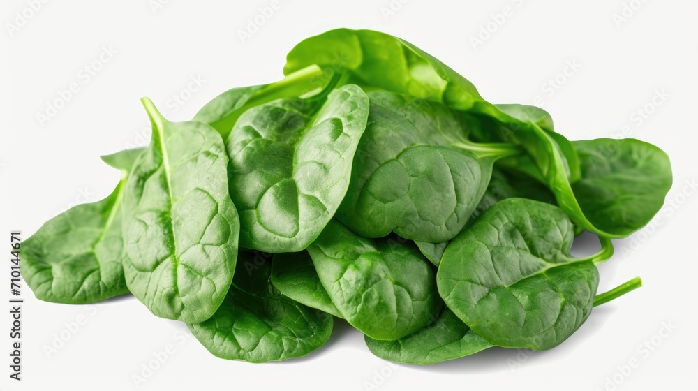 Poster a pile of spinach leaves arranged neatly on a white surface. perfect for food and nutrition-related 