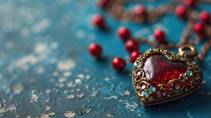 Vintage heart-shaped locket with red beads on a blue textured surface - obrazy, fototapety, plakaty