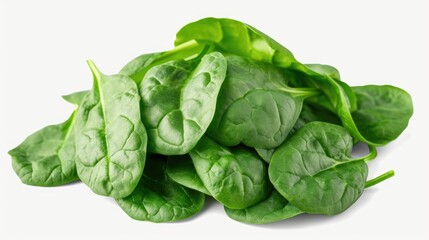 A pile of spinach leaves arranged neatly on a white surface. Perfect for food and nutrition-related content