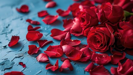 Red roses and petals on a blue background, suggesting romance