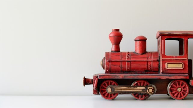 Red wooden toy train on a white background