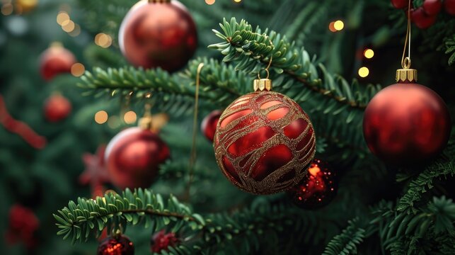 A close-up view of a Christmas ornament hanging on a tree. This image can be used to add festive decoration to holiday-themed designs