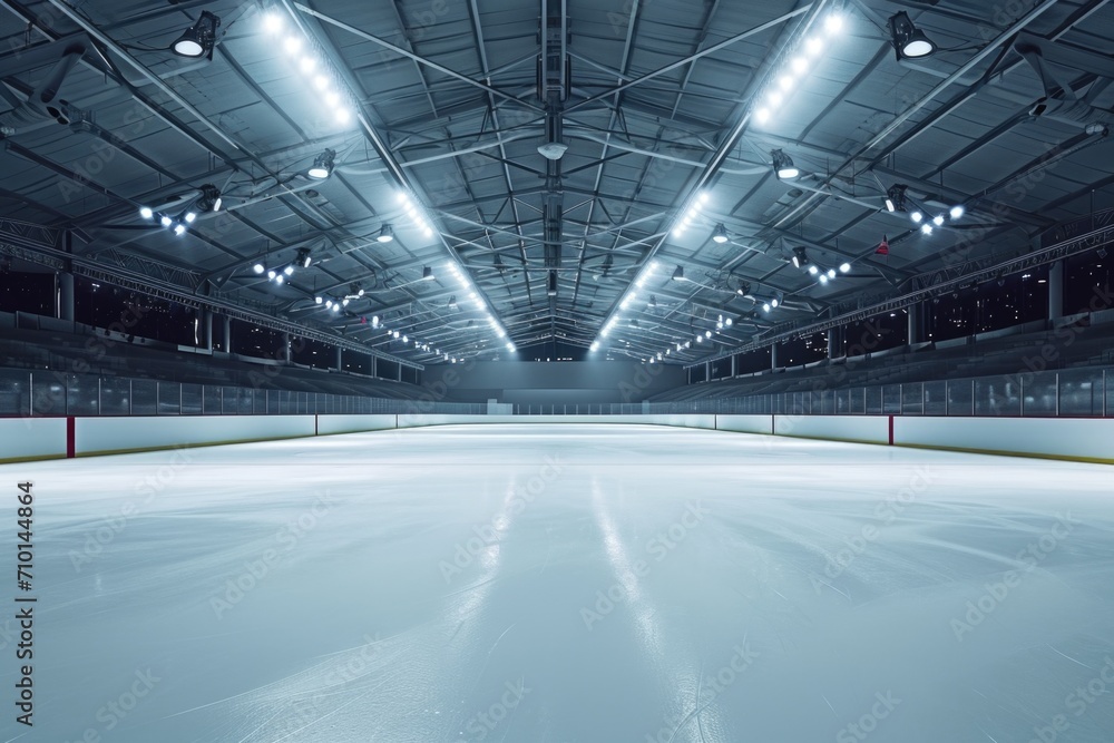 Poster an empty hockey rink illuminated by bright lights. perfect for sports-related projects or showcasing