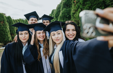 Graduated students in caps and gowns celebrate their achievements, taking a selfie together. Happy...