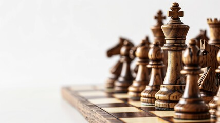 A side view of wooden chess pieces on a board, focused on the king