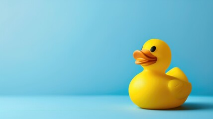 Bright yellow rubber duck against a blue background