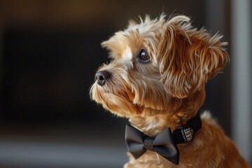 A brown dog wearing a stylish black bow tie. Perfect for pet fashion blogs and social media posts