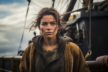 Portrait of a Determined Female Ship Mate, Standing Proudly on the Deck of a Weathered Vessel, with the Vast Ocean and a Dramatic Sky as Her Backdrop
