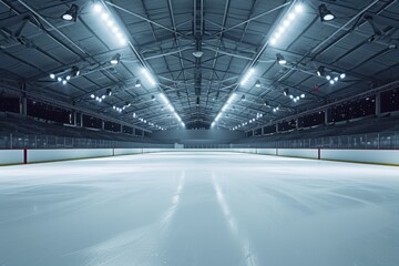 An empty hockey rink illuminated by bright lights. Perfect for sports-related projects or showcasing the anticipation before a game - obrazy, fototapety, plakaty