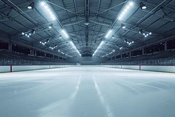 Fotobehang An empty hockey rink illuminated by bright lights. Perfect for sports-related projects or showcasing the anticipation before a game © Fotograf