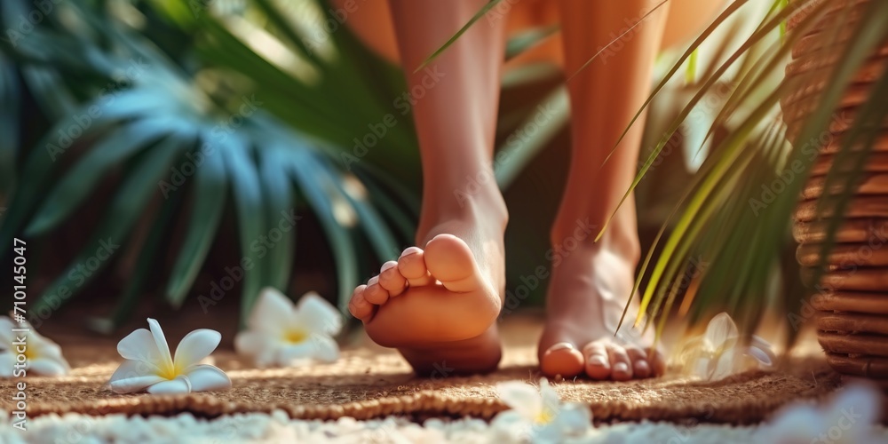Poster a close-up view of a woman's feet with a flower on the ground. suitable for various uses