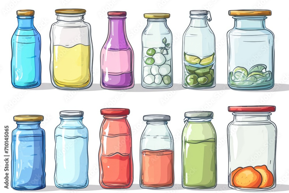 Poster glass jars filled with various colored liquids. suitable for scientific experiments or as decorative