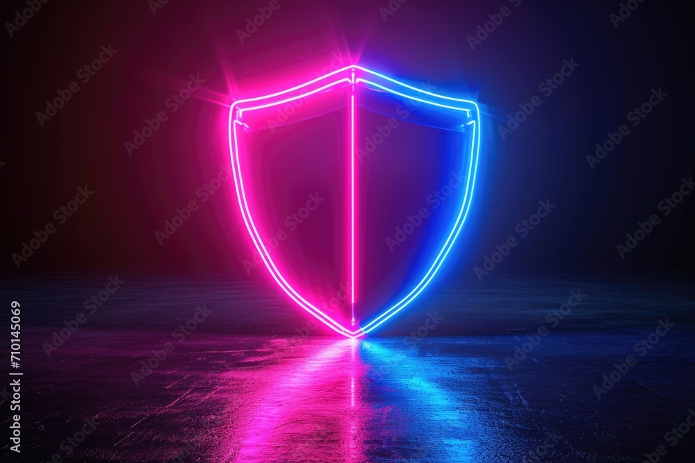 Poster a vibrant blue and pink neon shield stands out against a dark black background. this image can be us