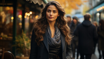 Fototapeta premium Young woman walking in the city, confident and elegant generated by AI