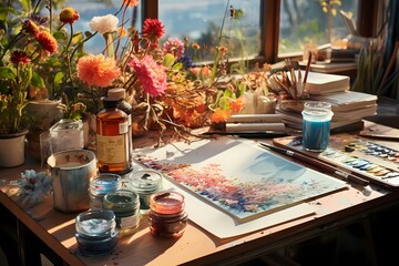 Well-lit shot of an open sketchbook surrounded by neatly organized watercolor palettes on a calming sky blue background - obrazy, fototapety, plakaty