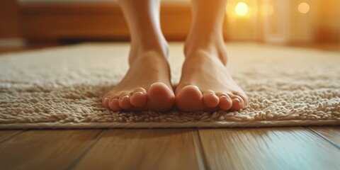 Person's feet seen up close resting on a rug. Suitable for home decor or relaxation-themed projects