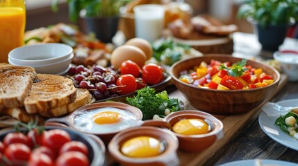 A wooden table with plates of food. Perfect for food blogs, restaurant menus, and food-related articles